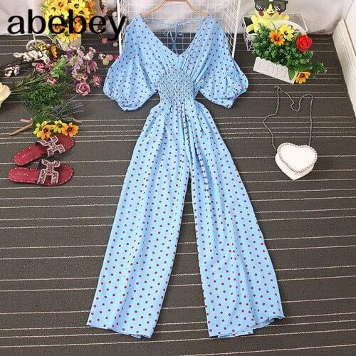 2021 Jumpsuit Women Casual Elegant Polka Dot Puff Sleeve High Waist Chiffon Wide Leg Playsuit Female Rompers Bodysuits