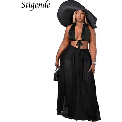 Stigende Summer Chiffon Two Piece Set Women Beach Cover Up Skirt Swimwear Sexy See Through Bandage Bra and Long Skirt Swimsuit