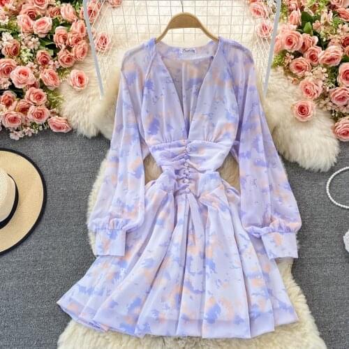 Autumn Purple/Yellow/Pink Tie Dye Chiffon Party Dress Women Sexy V-Neck Lantern Long Sleeve A-Line Mini Vestidos Female 2021 New