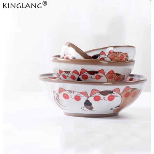1PCS KINGLANG Japanese Style Handmade Fortune Cat Ceramic Soup Noodle Bowl Dinner Rice Salad Bowl Procelain Bowls Wholesale