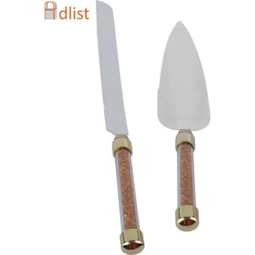 2pcs Wedding Cake Knife Server Set Stainless Steel Crystals Handle Cake Spatula Cutter Birthday Party Dinnerware Christmas Gift