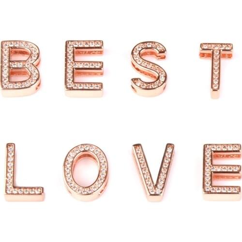 26 Letter Cubic Zirconia Pendant Space Beads Rose Gold Color DIY Bracelets Necklaces For Women Charm Copper Jewelry Making
