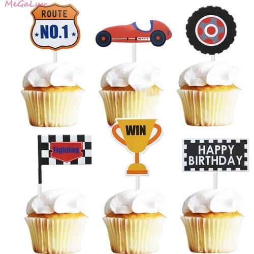6pcs/set Happy Birthday Cupcake Topper Win Fighting No.1 Trophy Desert Decoration Racing Car Theme Party Cake Flag Supplies