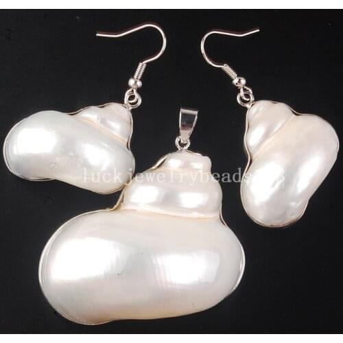 Free Shipping Fashion Jewelry Beautiful White Mother of pearl Shell Snail Pendant Earrings Set C4231