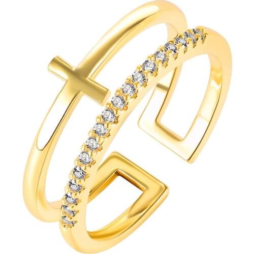 CYUE Shining Fashion Simple Gold Cross Opening Finger Ring With Pave Clear AAA CZ For Women Jewelry Gift