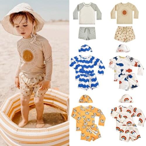 Boys Swimsuits UPF 50+ Brand New Summer Two Piece Children Swimwear Long Sleeve With Cap Toddler Girl Bathing Beach Baby Clothes