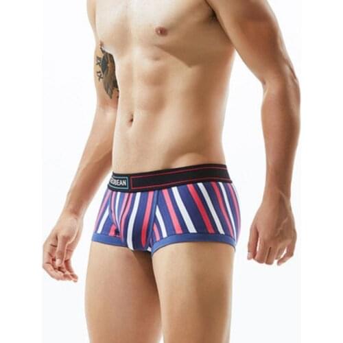 Mens Low Waist Hip Breathable Hip Cotton Color Striped Boxer Briefs Legs Tuck U Convex Pocket Comfortable Boxer Briefs
