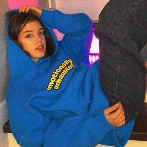 Emotionally Exhausted Letters Printed Blue Casual Cotton Hoodies 2021 Autumn Streetwear Oversize Loose Aesthetic Sweatshirts
