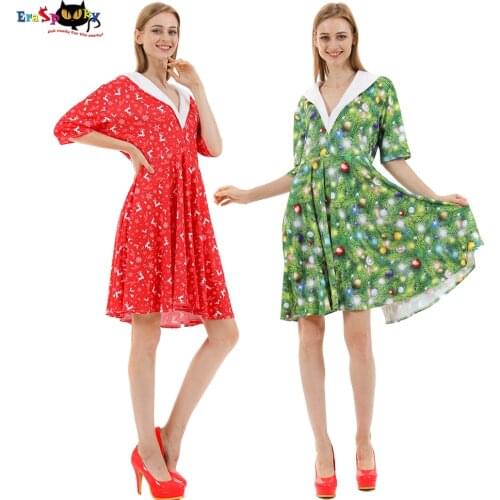 Eraspooky 2020 Red Reindeer Green Christmas Tree Dress for Women Xmas Costume New Year Party V Neck Dresses Female