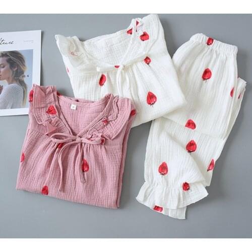 JULYS SONG 2020 New Women Viscous Pajamas Set 2 Pieces Sleepwear Love Strawberry Print Cute Casual Spring Autumn Girl Homewear