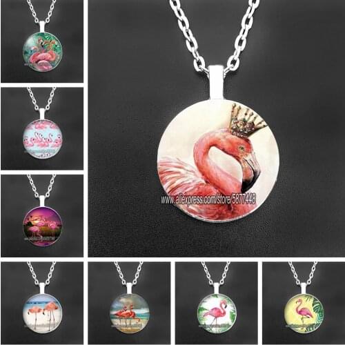 Beautiful Pink Flamingo Pendants Necklaces Cute Anime Animals 25mm Glass Cabochon Women Girl Jewelry Party Birthday Gift