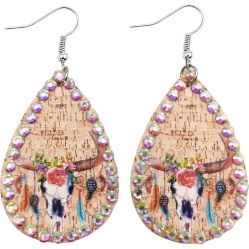 AB Crystal Embellished Colorful Dreamcatcher Cow Head Tauren Totem Print Simulate Wooden PU Leather Tribe Earrings for Women