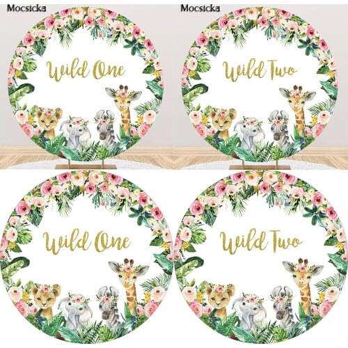 Round Newborn Baby Jungle Birthday Background Wild One Flowers Animala Safari Party Backdrop Woodland Kids Circle DIY Birthday