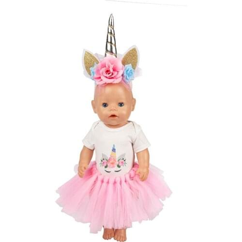 Doll Clothes Born Baby Fit 18 inch 40-43cm Girl Boy Manual Unicorn Skirts headwear set For Baby Doll Accessories Birthday Gift