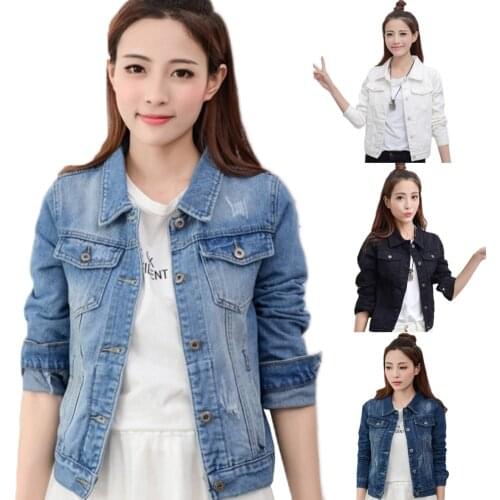 2020 Fashion Jeans Jacket Women Spring 2XL XL Autumn Hand Brush Long Sleeve Stretch Short Denim Jacket White Pink Coats