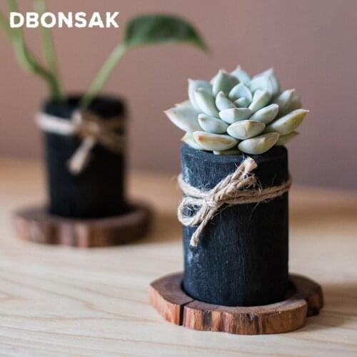 Natural Charcoal Mini Flower Pot Succulents With Wooden Tray Flower Pot Deodorizing And Purifying Air Ornaments Vase Decoration