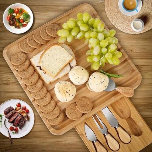 Bamboo Cheese Board Set Bamboo Charcuterie Platter Cooking Tools with 4Pcs Cheese Knives