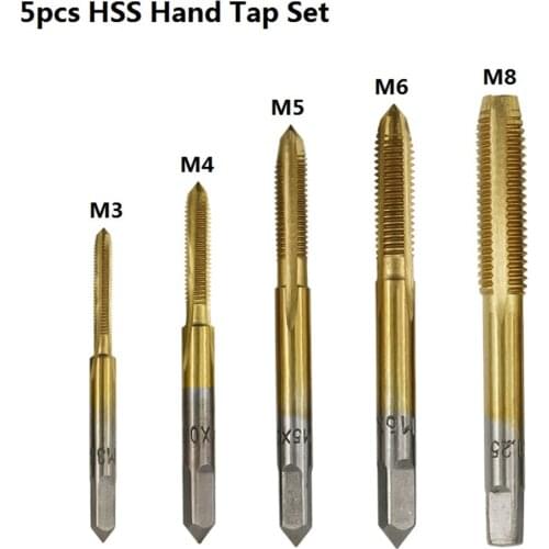 5Pcs M3 M4 M5 M6 M8 Titanium Coated Hand Tap Set Hss Straight Flute Thread Tap Right Hand Screw Threaded Drill Set
