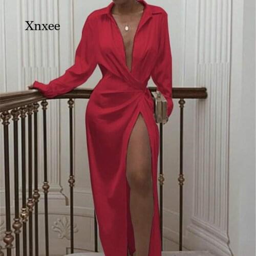 Womens New Satin Silk Sexy Long-Sleeved High-Waisted Split Dress Ladies Nightclub Soft Dress Autumn Dress V-Neck Solid Color Sp