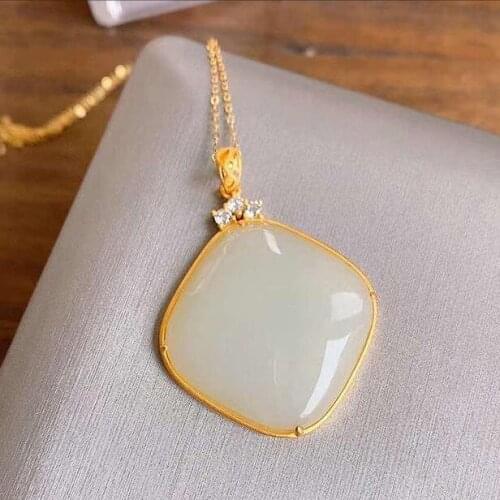 New silver inlaid natural Hetian white jade pulp geometric Pendant Necklace Chinese style retro Bohemian charm womens jewelry