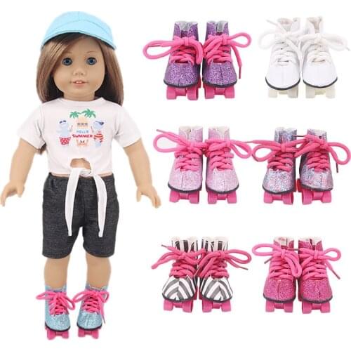 Doll Shoes Solid Color Sequined Roller Skates For 18 Inch American Doll Girls & 43 Cm New Born Baby Items,Our Generation,Shiny