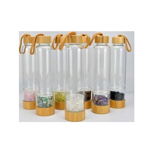 Natural Crystal Quartz Gravel Gemstone Healing Glass Energy Elixir Drink Water Bottle Bamboo Glass Cup Gift Cute Water Bottle