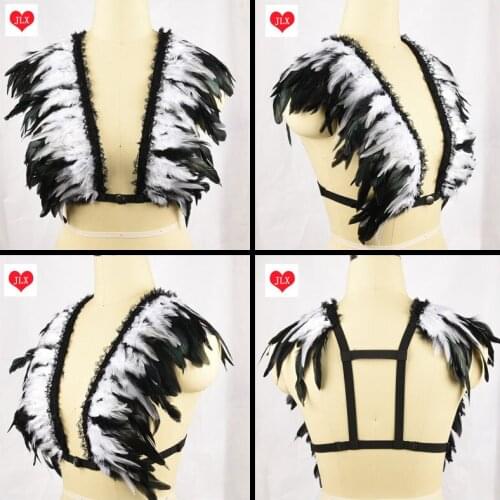 Multicolor Lace Feather harness bra women sexy lingerie Harajuku Gothic body harness black feather bondage lingerie harness