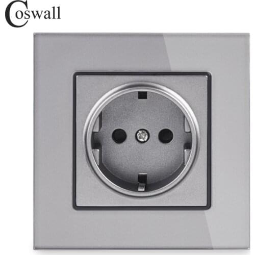 Coswall Crystal Glass Panel Wall Power Socket Grounded 16A EU Standard Outlet With Children Protective Door Gray Grey Color