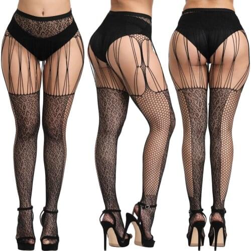 Sexy Women Lingerie Garter Belt Stockings Fishnet Tights Transparent Crotchless Pantyhose Thigh High Elastic Embroidery Stocking