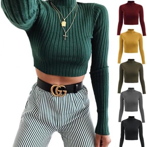 Spring And Autumn Women Half-High Collar Knitted T-shirt Solid Color Long Sleeve Tops Slim-Fit Midriff-Baring Ribbed T-shirts