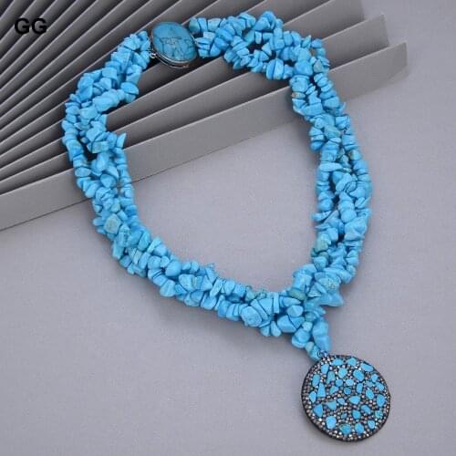 GuaiGuai Jewelry 19'' 4 Rows Faceted Blue Turquoise Chips Choker Black CZ Pendant Necklace Ethnical For Women