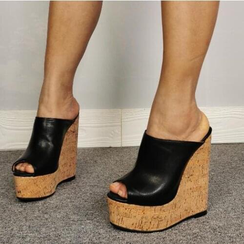 Linamong Woman Cheap Black PU Peep Toe Platform Wedges Slippers Sandals Super Heels Slip on Casual Comfortable Pumps Shoes