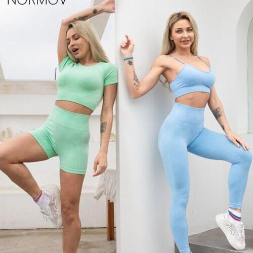 NORMOV Women Leggings High Waist Sexy Peach Hip Seamless Knitted Tight Hip Pants Fitness Push Up Sportwear 4 Pieces Set