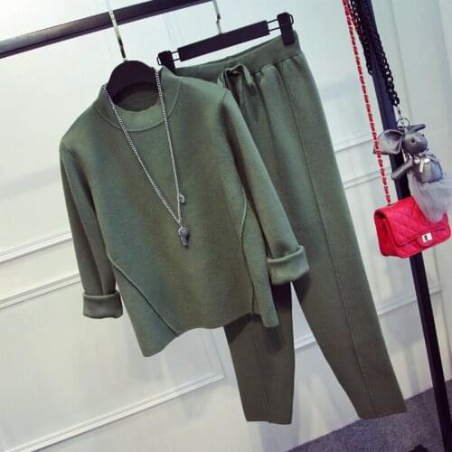 2020 O-neck Full Real And Harem Pants Fashion 2 Piece Suit Female New Large Size Simple Casual Knitting Two-piece Women