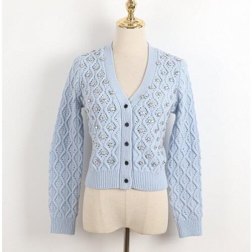 Runway Brand Design V-Neck Diamond Short Sweater Coat High Quality Diamond Knit Cardigan Sexy Hollow Women Short Top 2021 New