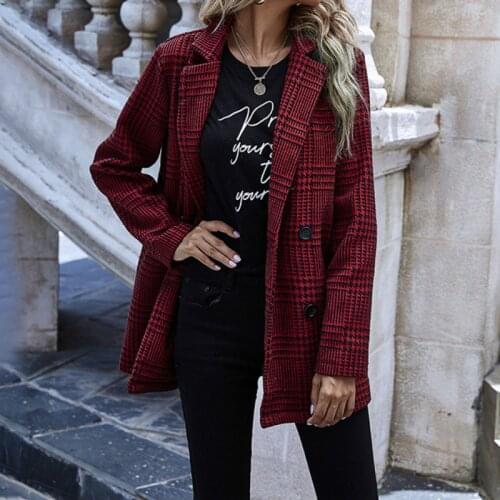 Women Autumn Spring Suit Jacket Winter Houndstooth Plaid Turn Down Coat Ladies Fashion Button Long Sleeved Commuting Overcoat