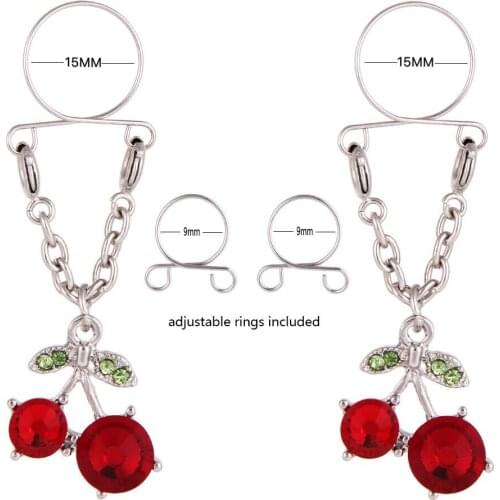 1Pair Adjustable Cherry Non Pierced Nipple Dangles Stainless Steel Rhinestone Fake Nipple Piercing Ring Sexy Body Jewelry