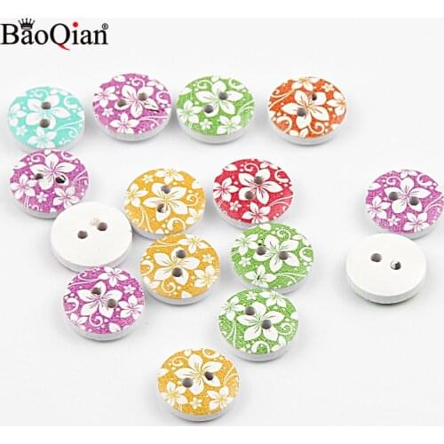 50Pcs 15mm Mixed Bauhinia Painted Round Wooden Buttons For Crafts Clothing Sewing Accessories Wood Buttons Scrapbooking DIY