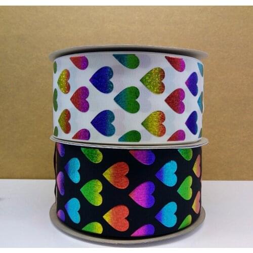 Free shipping 50 yard 3 inch rainbow color heart hologram ribbon foil printed grosgrain ribbon