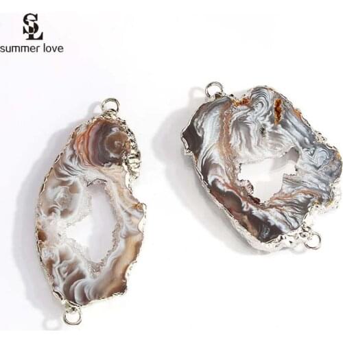 2PCS Irregular Natural Druzy Agates Beads Gold Silver Plated Double Hole Connectors Geometric Stone Charm for DIY Jewelry Making