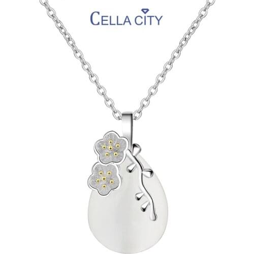 Cellacity Silver 925 Jewelry Water Drop Shaped Gemstones Necklace for Women Cats eye stone Pendant Female Short Clavicle Chain