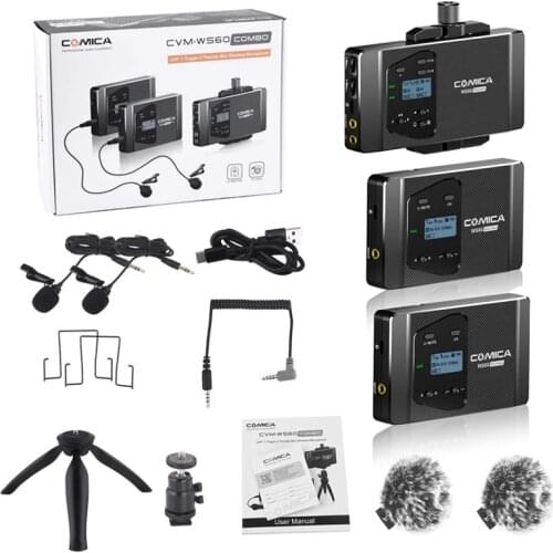 Comica CVM-WS60 Combo Mini Wireless Microphone 2 Transmitters 1 Receiver Mic for Smartphone Cameras Uhf 12 Channel 60M