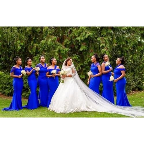 Elegant Long Off Shoulder Mermaid Satin Bridesmaid Dresses Royal Blue Corset Back Brautkleider Robes de Soirée for Women