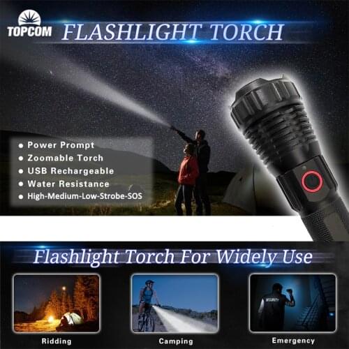 TOPCOM Power Light XHP-90 LED Flashlight Zoom USB Rechargeable EDC Flashlight 15W Tactical Light Lantern For Camping Hunting