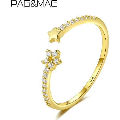 PAG&MAG Cute Zircon Star 925 Sterling Silver Rings For Women Girls 14K Gold Color Open Ring Fashion Jewelry Gifts