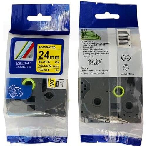 Free shipping 2PK tze tz tape tz651 tze-651 tze651 tze 651 24mm*8m black on yellow P-touch label printer tape laminated tape