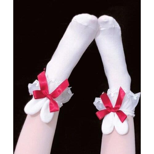 Japanese Sweet Lolita Kawaii Cotton Crew Socks Plush Rabbit Bunny Ears Lace Bowknot Student School Mid Tube Hosiery Stockings fo