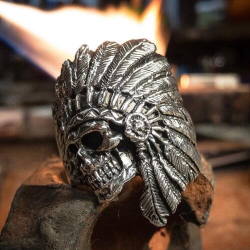 EYHIMD Vintage American Native Skull Ring Mens Tribe Warrior Stainless Steel Biker Rings Indian Jewelry