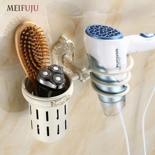 MEIFUJU Black Bathroom Aluminium Wall Mount Hair Dryer Holder Antique Salon Bathroom Mounted Drier Comb Rack Storage White Shelf