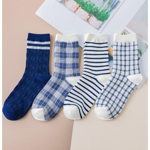 New Girls Houndstooth Socks British Style Wild Blue Striped Plaid Socks Womens Tide Socks College Style Woman Girls Socks